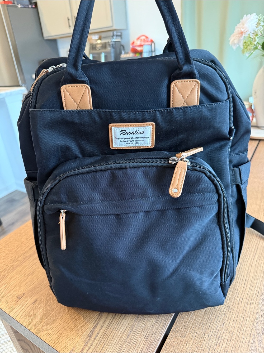 Rwalalina Black Baby Diaper Backpack with Tan Accents
